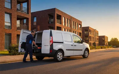 Camionnette blanche de technicien &eacute;quip&eacute;e d'un traceur GPS Magellan